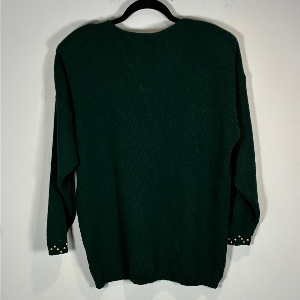 Vintage 90s Green Embellished Sweater XL Gold Studded V-Neck Retro - Picture 10 of 13